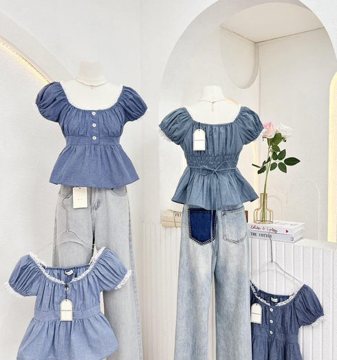 Puff Sleeves Crop Peplum Tops